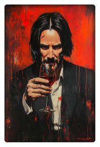 Keanu Reeves holding a wine glass, surrounded by a striking red and black abstract background.