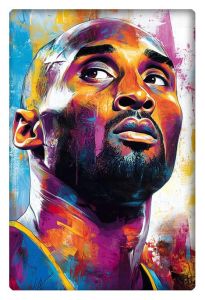 A vibrant, colorful portrait of Kobe Bryant gazing upward with intense determination.