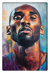 A bold and colorful portrait of Kobe Bryant, capturing his iconic intensity and focus.