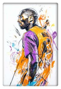 Dynamic illustration of Kobe Bryant from the back, wearing his iconic Lakers jersey, with abstract artistic strokes surrounding him.