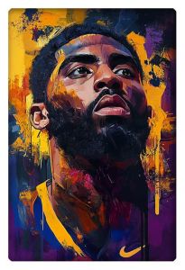 Colorful abstract painting of NBA player Kyrie Irving in bold, energetic strokes of purple, yellow, and orange.