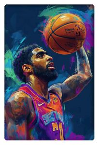 Vibrant abstract painting of NBA player Kyrie Irving mid-shot, capturing the intensity and movement of the game.