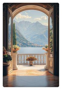 An open doorway leading to a sunlit balcony with potted plants, revealing a stunning lake and mountain view in the distance.