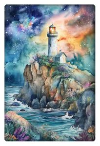 Watercolor painting of a lighthouse perched on a cliff, overlooking the ocean with a colorful night sky.