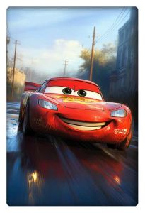 High-quality digital artwork of Lightning McQueen from Pixar's Cars, speeding down a road with a vibrant and realistic finish.