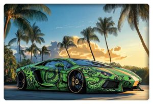 A Lamborghini sports car wrapped in a vibrant green lizard design, parked against a tropical palm tree sunset background.