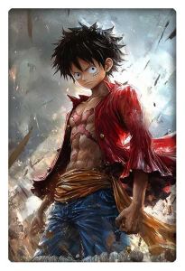 An intense and dynamic illustration of Monkey D. Luffy from One Piece, standing confidently with his signature red jacket and straw hat amidst a backdrop of chaos.