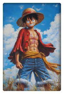 Vibrant artwork of Monkey D. Luffy from One Piece, smiling confidently under the bright blue sky, wearing his signature straw hat, red jacket, and yellow sash.