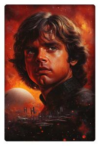 Hyper-realistic portrait of Luke Skywalker against a fiery backdrop with TIE fighters and the Death Star.