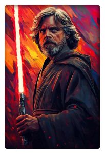 Vibrant caricature of Mark Hamill as Luke Skywalker wielding a glowing red lightsaber with a fiery background.