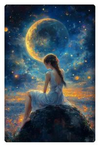 A girl in a white dress sits on a hill, gazing at a massive, glowing moon in a starlit sky above a vibrant, glowing cityscape.