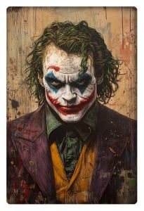 Dark, intense portrait of the Joker with smeared clown makeup, wild hair, and a sinister expression.