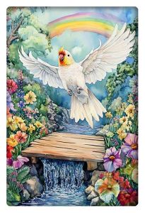 A cockatiel in mid-flight above a wooden bridge, surrounded by vibrant flowers and a flowing waterfall, with a rainbow in the background.