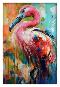 A vibrant abstract painting of a flamingo in bright and bold colors.