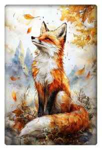 Majestic orange fox sitting amidst fall foliage, surrounded by leaves and mountains