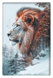 A powerful lion's profile seamlessly blending into a snowy forest landscape with towering trees, birds flying in the distance, and a serene winter setting.