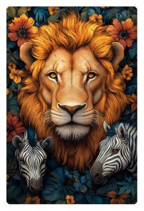 A powerful lion surrounded by vibrant flowers and two zebras, set against a lush jungle backdrop.