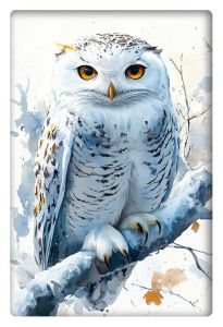 A detailed digital painting of a snowy owl with striking orange eyes, perched on a snow-covered branch, set against a soft winter background.