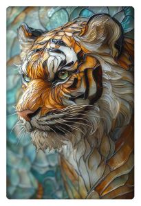 Intricate stained glass artwork of a tiger's face, displaying vibrant shades of orange, white, and brown with a lifelike, 3D effect.