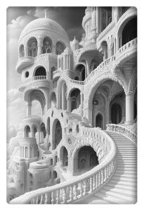 Surreal grayscale architectural artwork featuring elaborate domes, arches, and sweeping staircases.