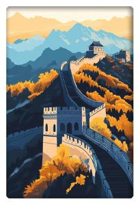 Illustration of the Great Wall of China winding through vibrant autumn-colored mountains.