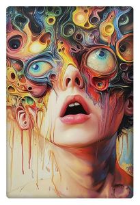 A surreal portrait of a person with wide eyes and an open mouth, where their face morphs into a vivid and chaotic explosion of swirling colors and dripping textures, with multiple eyes embedded within the abstract forms.