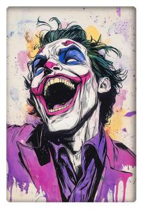 AI-generated Joker artwork featuring the character laughing maniacally in vibrant colors with a chaotic paint splatter background.