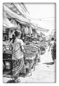 Pencil drawing of a bustling marketplace with a woman walking by fruit stands.