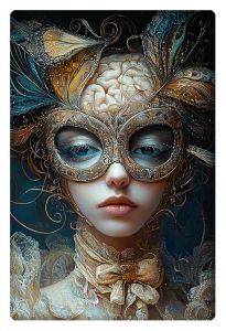 Surreal portrait of a woman wearing an ornate mask with butterfly details, revealing her brain beneath.