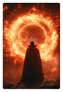 Doctor Strange standing before a fiery portal, casting an epic magical spell.