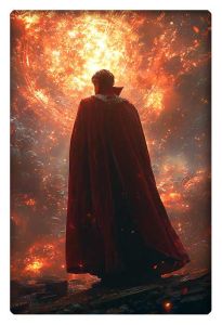 Doctor Strange standing with his back turned, facing a massive fiery portal with intense glowing energy.