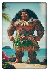 A powerful illustration of Maui, the demi-god from Moana, standing tall with his traditional Polynesian tattoos, wearing a grass skirt and a necklace of oceanic shells.