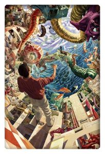 A surreal scene of a man standing on steps, surrounded by swirling, fantastical creatures and structures, with a vast ocean below.