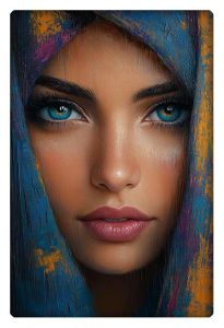 Close-up oil painting of a woman with captivating blue eyes, framed by a richly colored hood with vibrant tones.