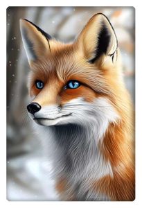 A highly detailed, realistic digital painting of a fox with captivating blue eyes, set against a soft, wintry background.