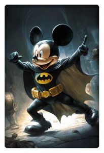 Mickey Mouse dressed as Batman, standing in a heroic pose, ready to fight crime.