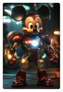 Mickey Mouse dressed in a shiny Iron Man suit, glowing with futuristic energy.