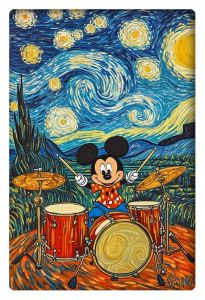 Mickey Mouse playing drums in front of a background inspired by Van Gogh's "Starry Night," combining cartoon charm with classic artistic style.