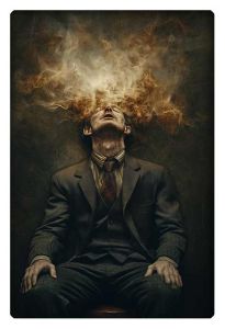 A man in a suit sits with his head tilted back, smoke or energy erupting from his head, symbolizing mental overload or creative explosion.