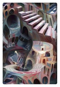 Abstract optical illusion of twisted, surreal architecture with stairs leading in impossible directions.