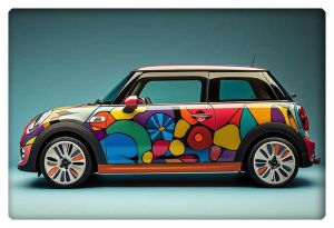 A side profile of a Mini Cooper adorned in a bright and vibrant pattern inspired by David Gerstein’s artistic style, featuring abstract shapes and playful color combinations.