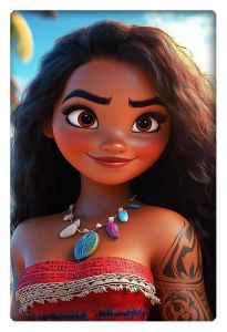 Close-up of Moana, the Polynesian princess, with her necklace and tribal tattoo, set against a vibrant outdoor backdrop.