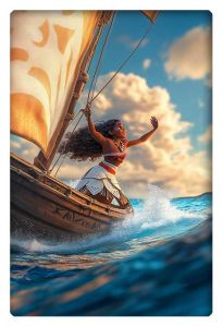 Moana confidently sailing her Polynesian boat through the ocean, her hand raised, embracing the adventure ahead.