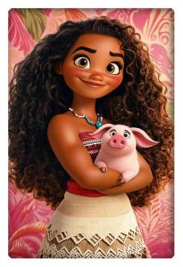 Moana holding her pet pig Pua, standing confidently against a tropical floral background, with her curly hair and traditional attire.