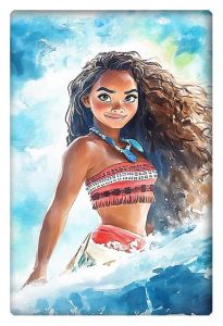 Watercolor-style artwork of Moana standing confidently in the ocean, with her flowing hair and traditional outfit.