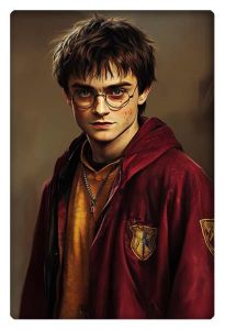 Harry Potter in a modern Gryffindor cloak with a determined look.