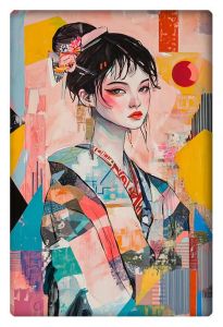 A vibrant, colorful gouache painting of a Japanese woman wearing a kimono, blending traditional and modern artistic elements.