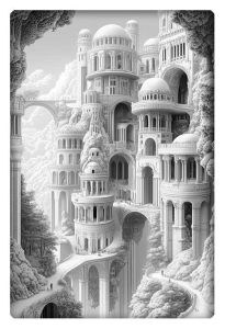 A surreal black-and-white drawing of a massive, intricately detailed architectural city with towering domes, arches, and walkways built into a cliffside.