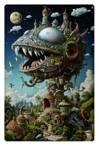 Surreal and fantastical painting of a large, menacing creature resembling a mix between a building and a beast, with lush greenery and a whimsical, dreamlike landscape.