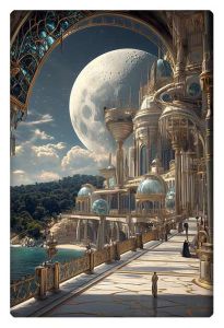 Fantasy cityscape under a large, detailed moon, featuring ornate architecture with golden and glass domes by the sea.